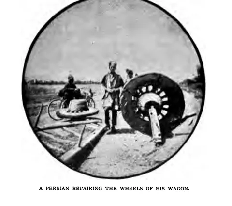 A PERSIAN REPAIRING THE WHEELS OF HIS WAGON