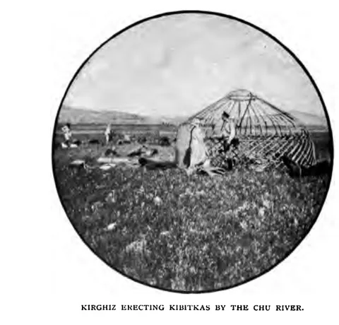 KIRGHIZ ERECTING KIBITKAS BY THE CHU RIVER