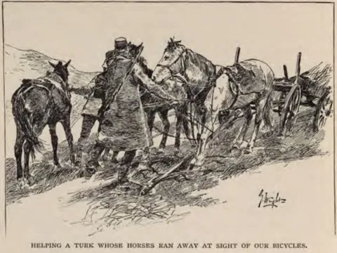 HELPING A TURK WHOSE HORSES RAN AWAY AT SIGHT OF OUR BICYCLES.