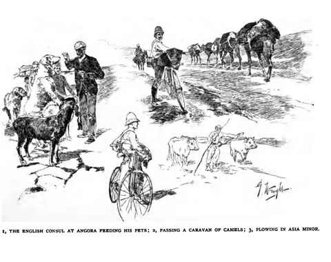 1, THE ENGLISH CONSUL AT ANGORA FEEDING HIS PETS; 2, PASSING A CARAVAN OF CAMELS; 3, PLOWING IN ASIA MINOR.