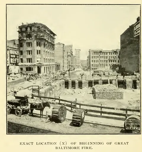 Exact Location (X) of Beginning of Great Baltimore Fire
