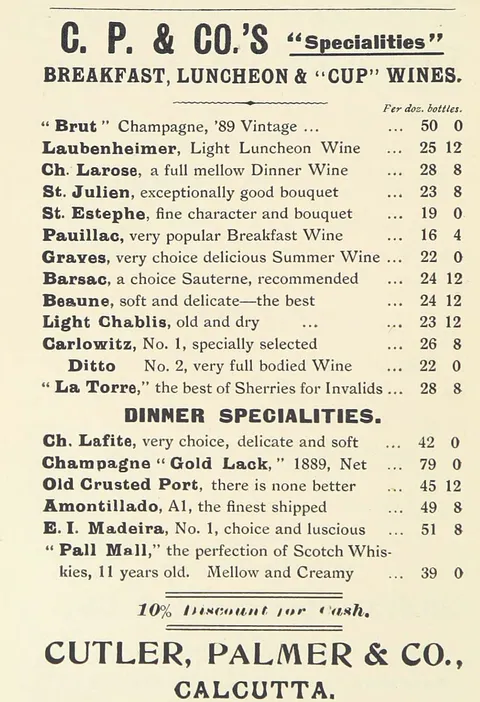 Cutler, Palmer & Co.…Breakfast, Luncheon & Cup Wines