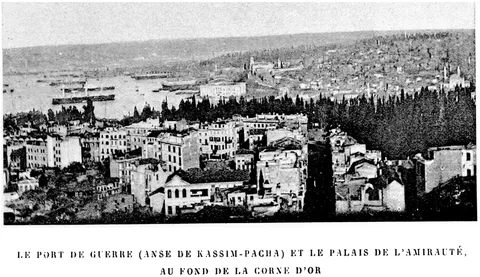 Le port de guerre (anse de Kassim-Pacha) et le palais de l'Amirauté, au fond de la Corne d'Or