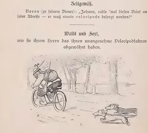 Waldi und Forst, wie sie ihrem Herrn das ihnen unangenehme Velocipedfahren abgewöhnt haben.