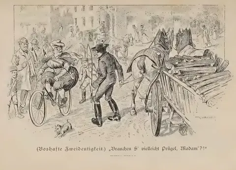 (Boshafte Zweideutigkeit:) „Brauchen S' vielleicht Prügel, Madam'?!“