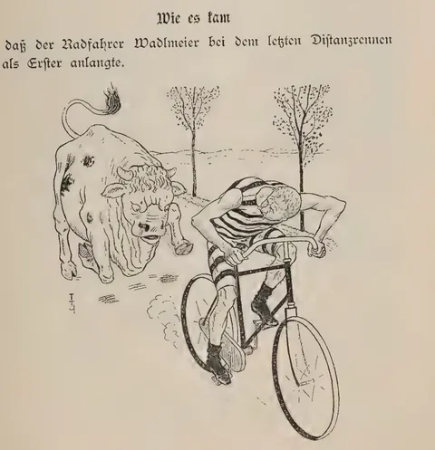 Wie es kam, daß der Radfahrer Wadlmeier bei dem letzten Distanzrennen als Erster anlangte.