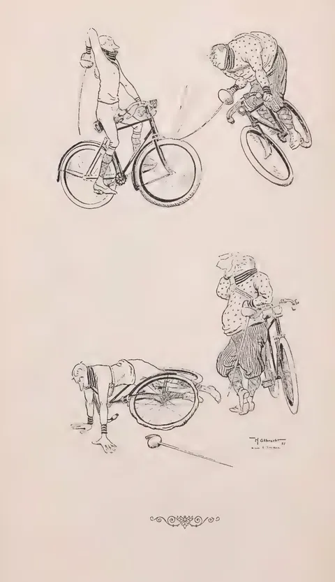 A cyclist's raised whip catches another rider, who then crashes; a wordless two-scene gag.