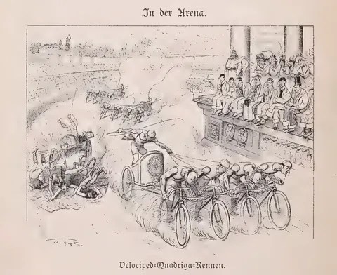 In der Arena. Velociped-Quadriga-Rennen.