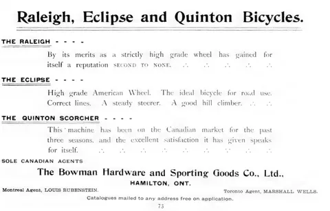 Raleigh, Eclipse and Quinton Bicycles by Bowman Hardware