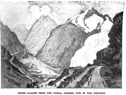 RHONE GLACIER FROM THE FURKA, GRIMSEL PASS IN THE DISTANCE