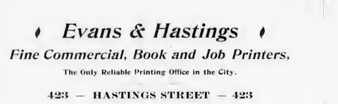 Evans & Hastings, Fine Commercial, Book and Job Printers