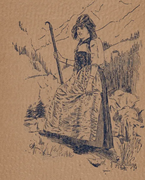 Woman with staff in landscape