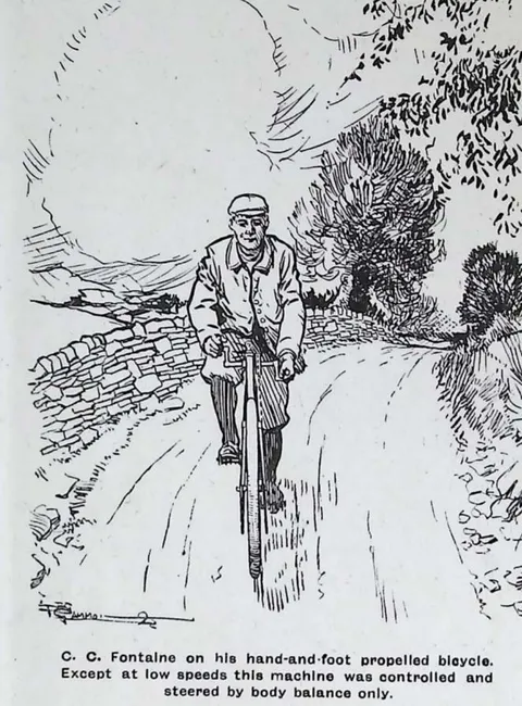 C. C. Fontaine on his hand-and-foot propelled bicycle