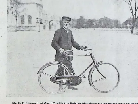 Mr. E. F. Kennard, of Cardiff, with his Raleigh bicycle