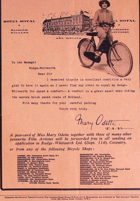 Rudge-Whitworth advertisement featuring Mary Odette