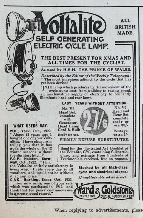 Voltalite self-generating electric cycle lamp advertisement