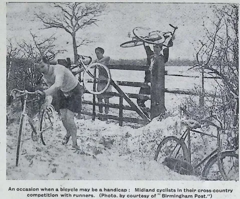 Midland cyclists' cross-country competition with runners