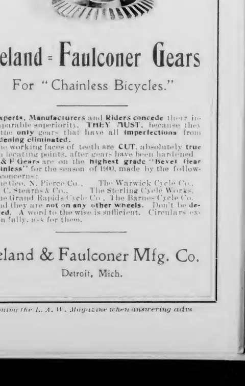 Leland & Faulconer Gears for "Chainless Bicycles"