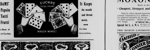 Adams' Pepsin Tutti Frutti, Euchre, with a saddle/sundries advertisement strip