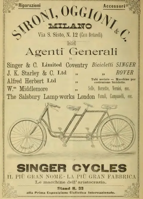 Sironi, Oggioni & C., Milano, Agenti Generali di Singer, Rover, Alfred Herbert, W. Middlemore, Singer Cycles