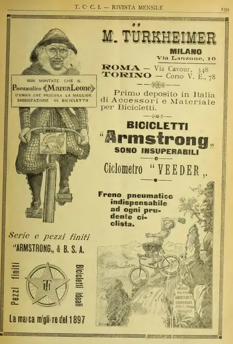 M. Türkheimer, Milano, Biciclette Armstrong, Ciclometro Veeder, Pneumatico Marca Leone
