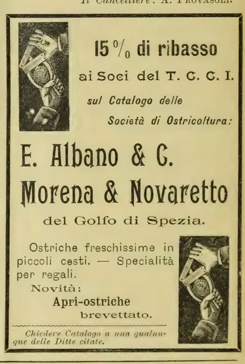 15% di ribasso ai Soci del T.C.C.I., Società di Ostricoltura E. Albano & C., Morena & Novaretto