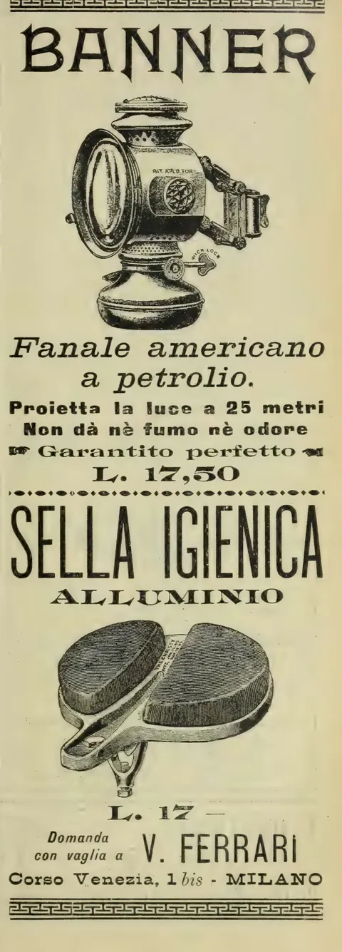 Banner, Fanale americano a petrolio, e Sella Igienica in Alluminio, V. Ferrari